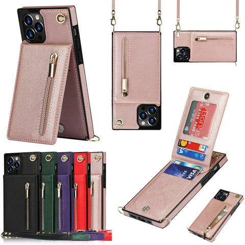 iPhone16 Pro max crossbody zipper card insert leather mobile phone protective case