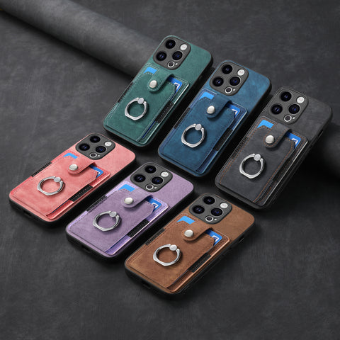 iPhone 16 15 card case phone case solid color retro ring car magnetic protective leather phone case