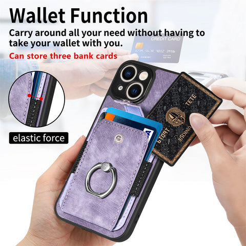 iPhone 16 15 card case phone case solid color retro ring car magnetic protective leather phone case