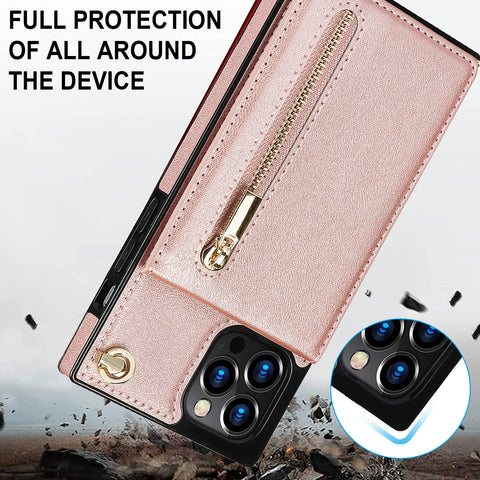 iPhone16 Pro max crossbody zipper card insert leather mobile phone protective case