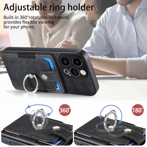 iPhone 16 15 card case phone case solid color retro ring car magnetic protective leather phone case
