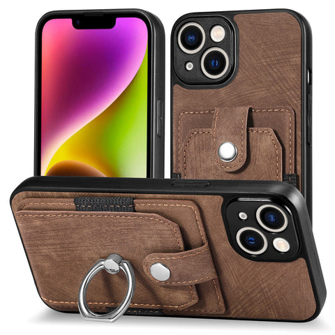 iPhone 16 15 card case phone case solid color retro ring car magnetic protective leather phone case