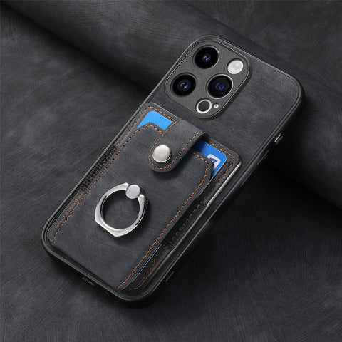 iPhone 16 15 card case phone case solid color retro ring car magnetic protective leather phone case