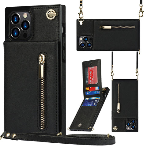 iPhone16 Pro max crossbody zipper card insert leather mobile phone protective case