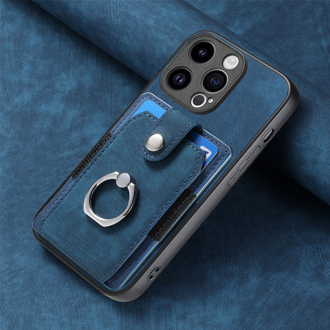 iPhone 16 15 card case phone case solid color retro ring car magnetic protective leather phone case