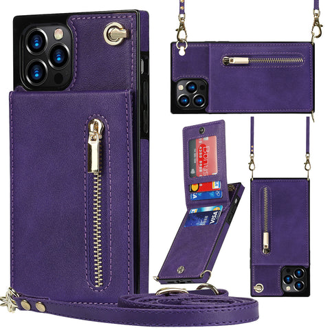 iPhone16 Pro max crossbody zipper card insert leather mobile phone protective case