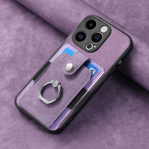 iPhone 16 15 card case phone case solid color retro ring car magnetic protective leather phone case