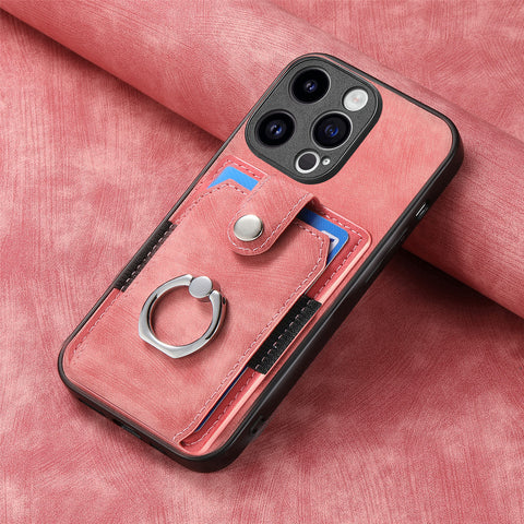 iPhone 16 15 card case phone case solid color retro ring car magnetic protective leather phone case