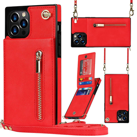 iPhone16 Pro max crossbody zipper card insert leather mobile phone protective case