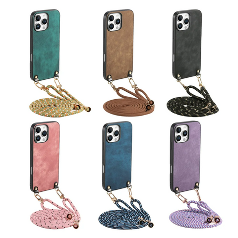 iPhone 16 Pro Max Adjustable Strap Retro Leather Phone Back Cover