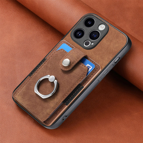 iPhone 16 15 card case phone case solid color retro ring car magnetic protective leather phone case