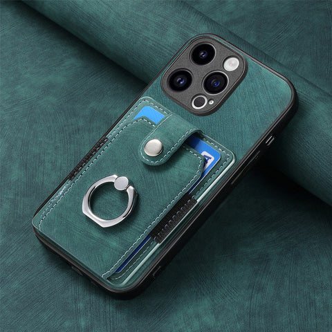 iPhone 16 15 card case phone case solid color retro ring car magnetic protective leather phone case