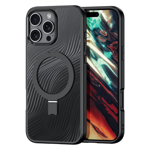 iPhone 16 Pro Max/16 Pro/16 Plus/16 Built-in Folding Metal Stand Anti-Fingerprint Soft Edge Grip Phone Case