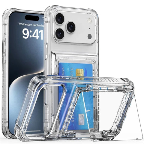 iPhone 17 Pro Max Clear Case PC TPU Card Holder Kickstand Phone Case Cover