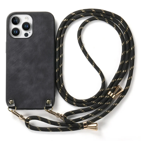 iPhone 16 Pro Max Adjustable Strap Retro Leather Phone Back Cover