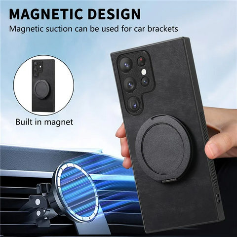 Samsung Galaxy S25 Ultra Phone Case with Rotating Kickstand Stress Relief Retro Leather Phone Back Cover