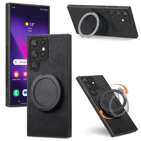 Samsung Galaxy S25 Ultra Phone Case with Rotating Kickstand Stress Relief Retro Leather Phone Back Cover