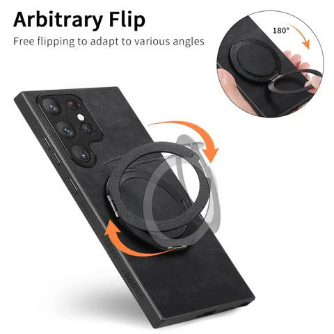 Samsung Galaxy S25 Ultra Phone Case with Rotating Kickstand Stress Relief Retro Leather Phone Back Cover
