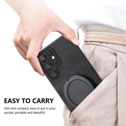 Samsung Galaxy S25 Ultra Phone Case with Rotating Kickstand Stress Relief Retro Leather Phone Back Cover