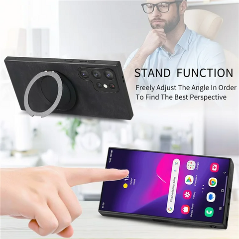 Samsung Galaxy S25 Ultra Phone Case with Rotating Kickstand Stress Relief Retro Leather Phone Back Cover