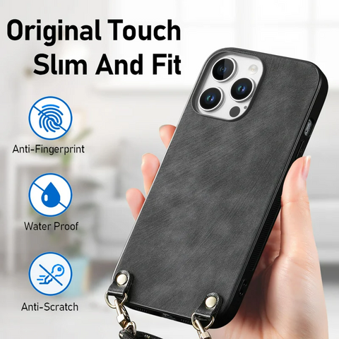 iPhone 16 Pro Max Adjustable Strap Retro Leather Phone Back Cover