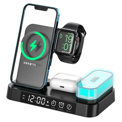 A37 Folding Alarm Clock RGB LED Night Light 3 in 1 Phone Watch Earphone 15W Wireless Charger