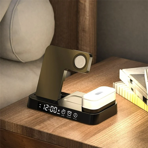 A37 Folding Alarm Clock RGB LED Night Light 3 in 1 Phone Watch Earphone 15W Wireless Charger