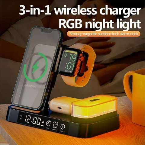 A37 Folding Alarm Clock RGB LED Night Light 3 in 1 Phone Watch Earphone 15W Wireless Charger