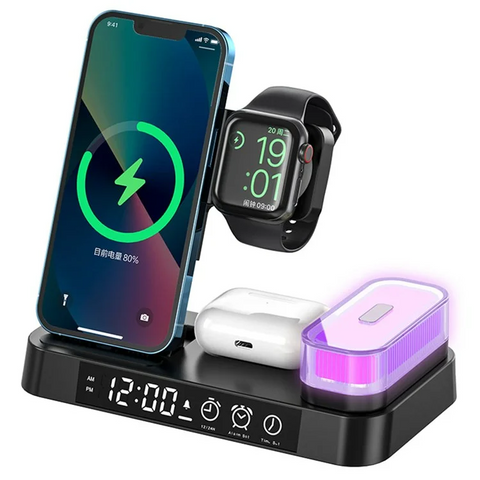 A37 Folding Alarm Clock RGB LED Night Light 3 in 1 Phone Watch Earphone 15W Wireless Charger