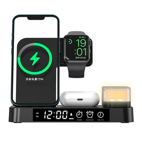 A37 Folding Alarm Clock RGB LED Night Light 3 in 1 Phone Watch Earphone 15W Wireless Charger
