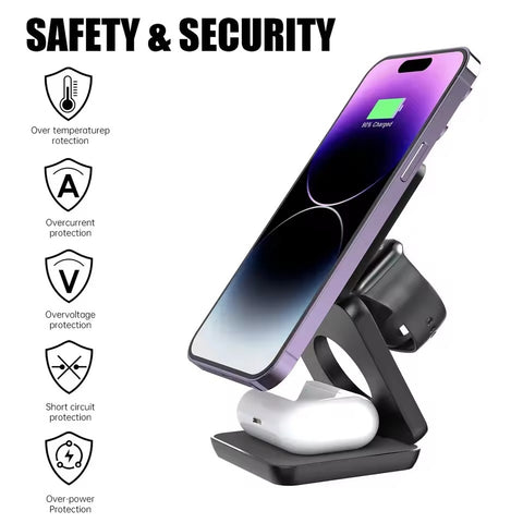 3 in 1 Magnetic Wireless Charger Stand Foldable Wireless Charging Station For Magsafe iPhone 15 14 13 12 Pro Max Apple Watch 8 9